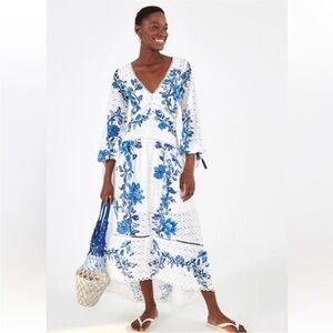 FARM Rio Arara Floral Eyelet Maxi Dress Blue White size XS NWT NEW
